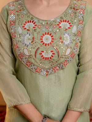 Pista green crunchy heavy thread embroidery work kurta palazzo set 5