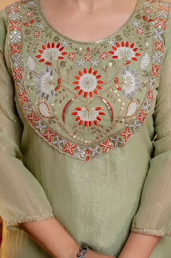Pista green crunchy heavy thread embroidery work kurta palazzo set