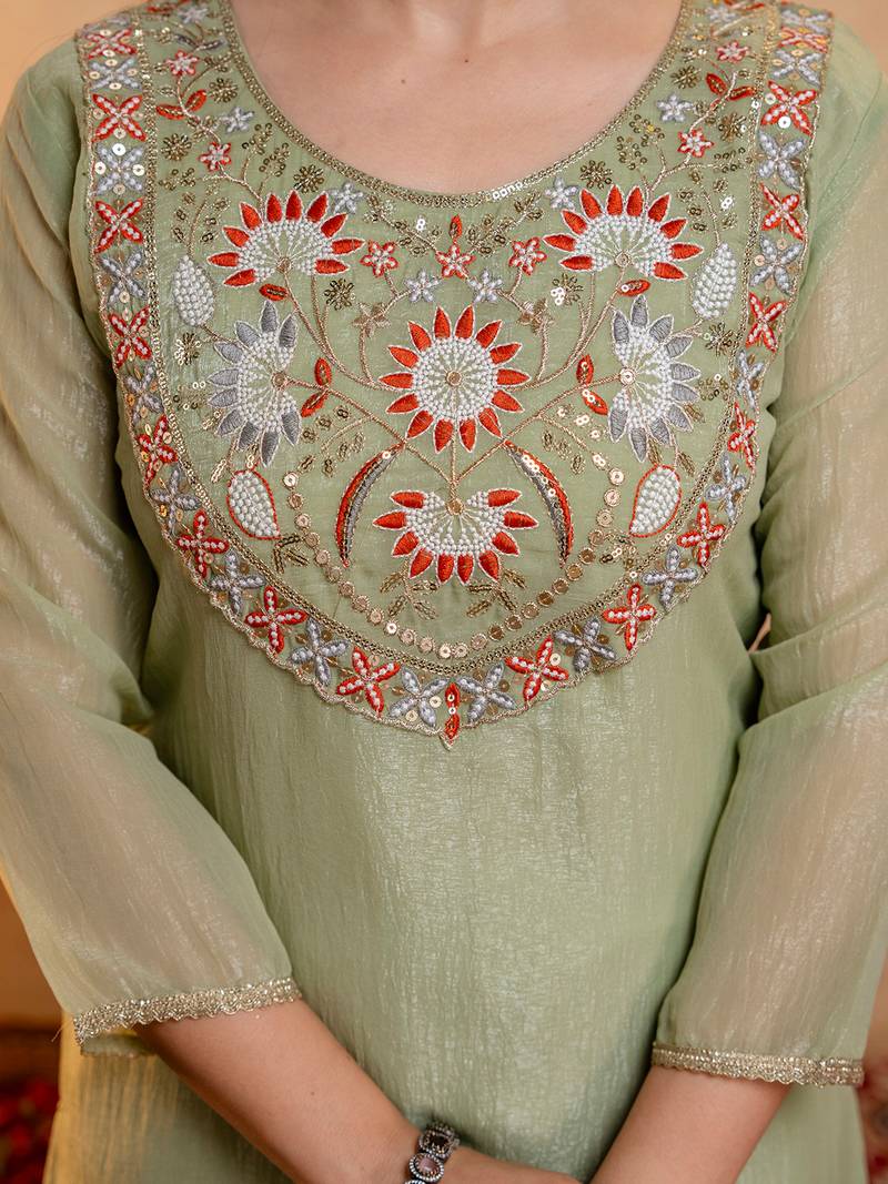 Pista green crunchy heavy thread embroidery work kurta palazzo set