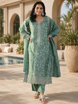 Sea green vichitra heavy thread embroidery work kurta pant set 1