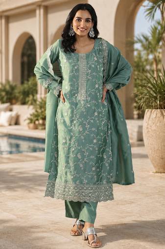 Sea green vichitra heavy thread embroidery work kurta pant set