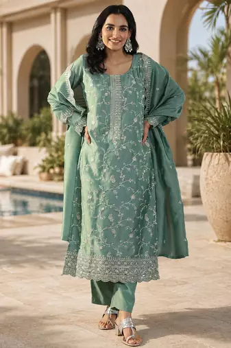 Sea green vichitra heavy thread embroidery work kurta pant set