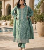 Sea green vichitra heavy thread embroidery work kurta pant set