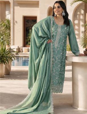 Sea green vichitra heavy thread embroidery work kurta pant set 2