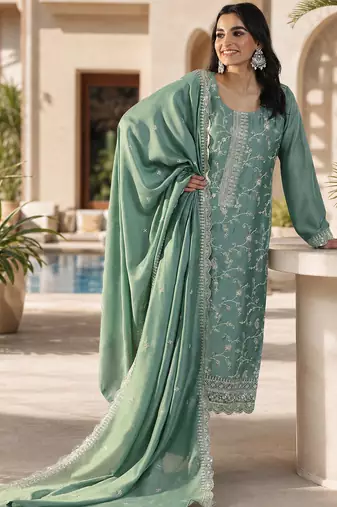 Sea green vichitra heavy thread embroidery work kurta pant set