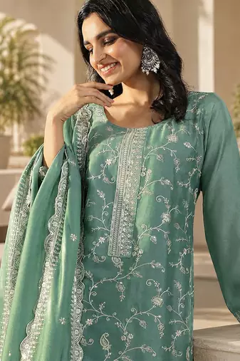Sea green vichitra heavy thread embroidery work kurta pant set