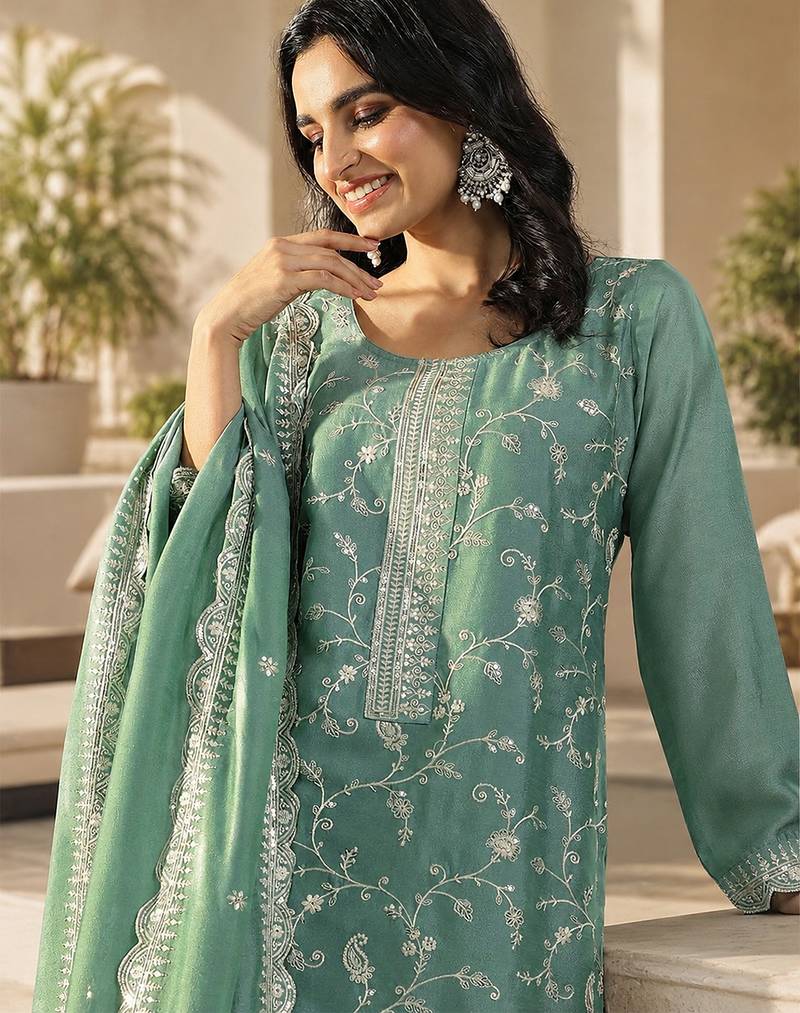 Sea green vichitra heavy thread embroidery work kurta pant set