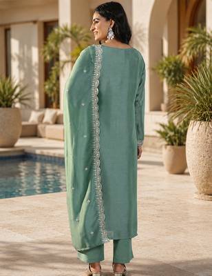 Sea green vichitra heavy thread embroidery work kurta pant set 4