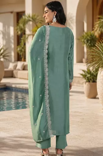 Sea green vichitra heavy thread embroidery work kurta pant set