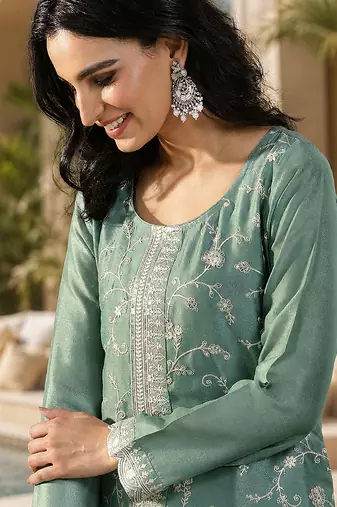 Sea green vichitra heavy thread embroidery work kurta pant set