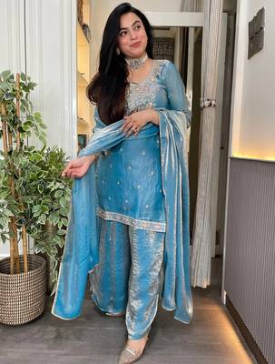 Sky blue fandy heavy thread embroidery work kurta palazzo set 1
