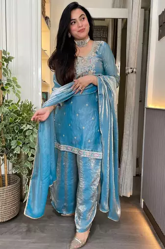 Sky blue fandy heavy thread embroidery work kurta palazzo set