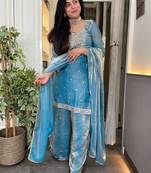Sky blue fandy heavy thread embroidery work kurta palazzo set
