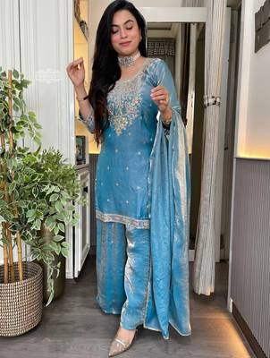 Sky blue fandy heavy thread embroidery work kurta palazzo set 2