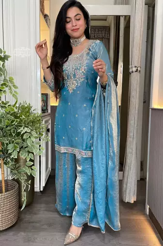 Sky blue fandy heavy thread embroidery work kurta palazzo set