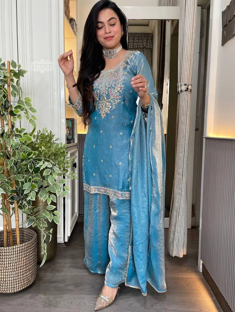 Sky blue fandy heavy thread embroidery work kurta palazzo set