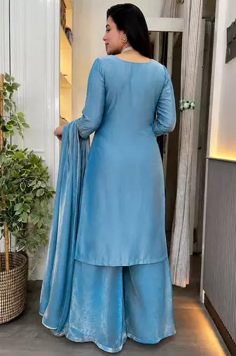 Sky blue fandy heavy thread embroidery work kurta palazzo set