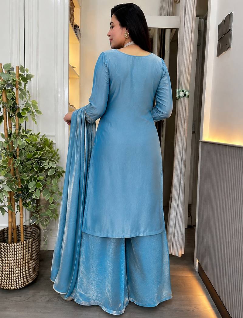 Sky blue fandy heavy thread embroidery work kurta palazzo set