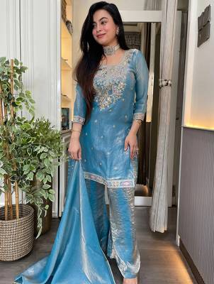 Sky blue fandy heavy thread embroidery work kurta palazzo set 4