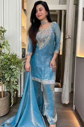 Sky blue fandy heavy thread embroidery work kurta palazzo set