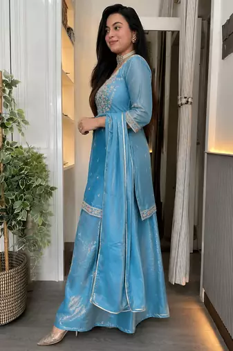 Sky blue fandy heavy thread embroidery work kurta palazzo set