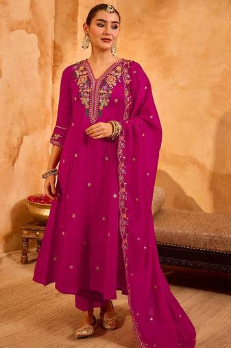 Rani pink vichitra silk heavy thread embroidery work kurta pant set