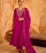 Rani pink vichitra silk heavy thread embroidery work kurta pant set