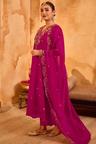 Rani pink vichitra silk heavy thread embroidery work kurta pant set