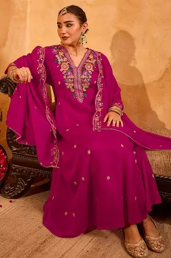 Rani pink vichitra silk heavy thread embroidery work kurta pant set