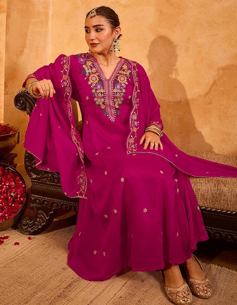 Rani pink vichitra silk heavy thread embroidery work kurta pant set