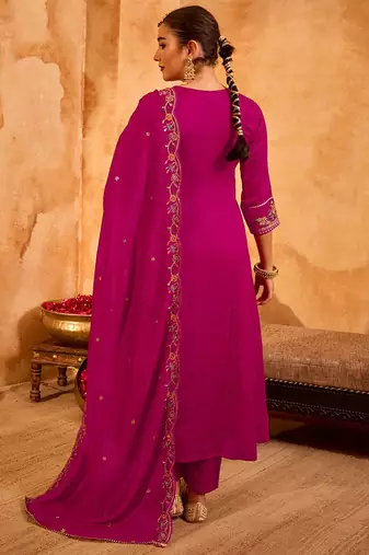 Rani pink vichitra silk heavy thread embroidery work kurta pant set