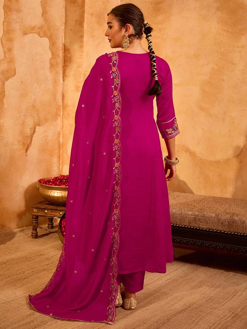 Rani pink vichitra silk heavy thread embroidery work kurta pant set