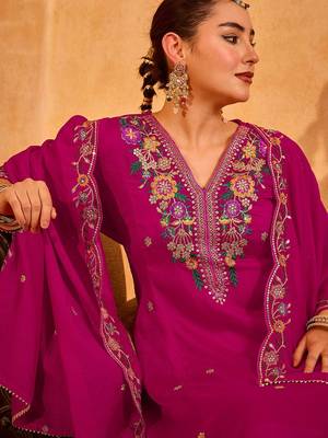 Rani pink vichitra silk heavy thread embroidery work kurta pant set 5