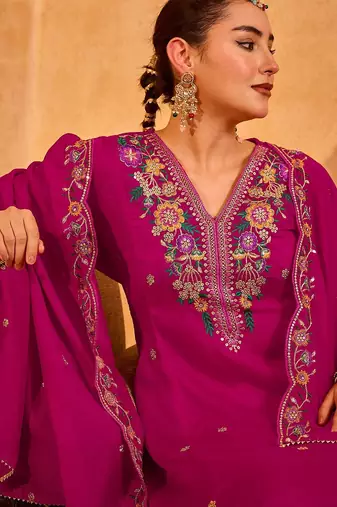 Rani pink vichitra silk heavy thread embroidery work kurta pant set