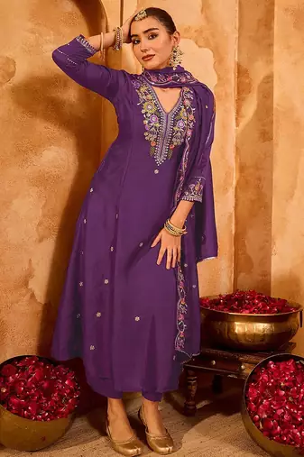 Purple vichitra silk heavy thread embroidery work kurta pant set