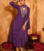 Purple vichitra silk heavy thread embroidery work kurta pant set