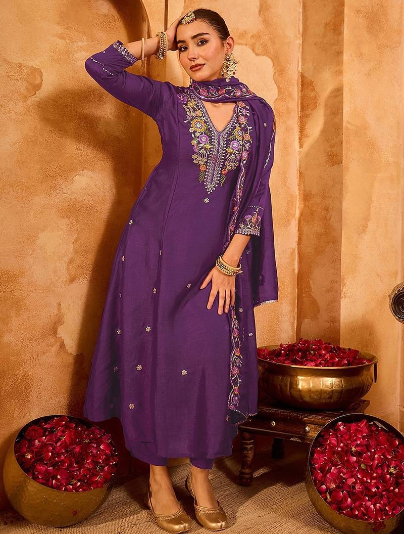 Purple vichitra silk heavy thread embroidery work kurta pant set
