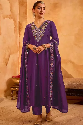 Purple vichitra silk heavy thread embroidery work kurta pant set