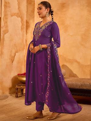 Purple vichitra silk heavy thread embroidery work kurta pant set 3