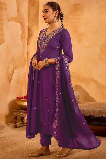 Purple vichitra silk heavy thread embroidery work kurta pant set
