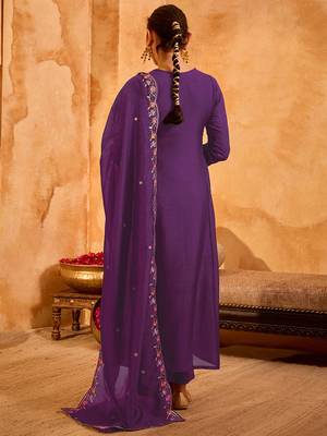 Purple vichitra silk heavy thread embroidery work kurta pant set 4