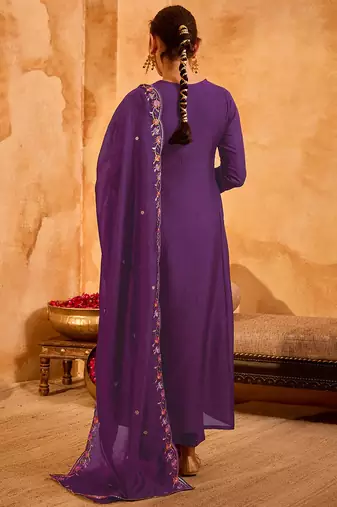 Purple vichitra silk heavy thread embroidery work kurta pant set