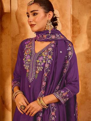Purple vichitra silk heavy thread embroidery work kurta pant set 5