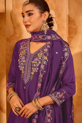 Purple vichitra silk heavy thread embroidery work kurta pant set