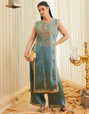 Sea green fandy satin heavy thread embroidery work kurta with palazzo 1
