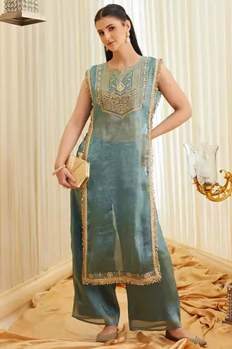 Sea green fandy satin heavy thread embroidery work kurta with palazzo