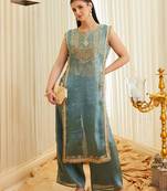 Sea green fandy satin heavy thread embroidery work kurta with palazzo