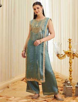 Sea green fandy satin heavy thread embroidery work kurta with palazzo 2