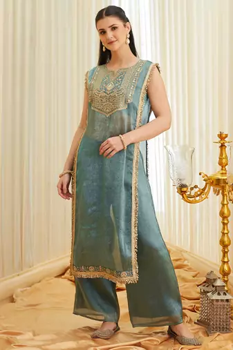 Sea green fandy satin heavy thread embroidery work kurta with palazzo