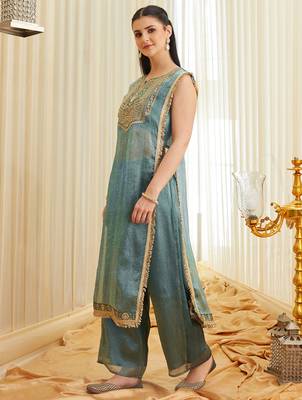 Sea green fandy satin heavy thread embroidery work kurta with palazzo 3
